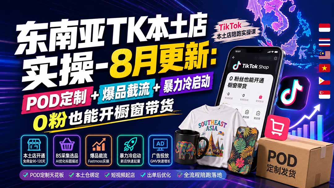 东南亚TK本土店实操-8月更新：POD定制+爆品截流+暴力冷启动，0粉也能开橱窗带货-橙心云网创