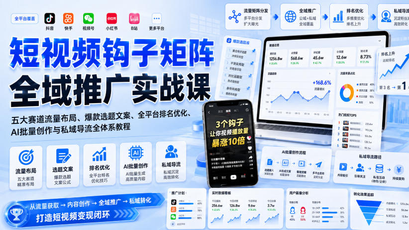 短视频钩子矩阵全域推广实战课|五大赛道流量布局、爆款选题文案、全平台排名优化、AI批量创作与私域导流全体系教程-橙心云网创