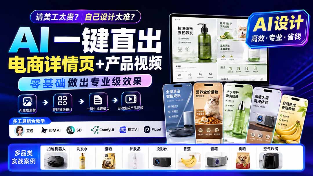 请美工太贵？自己设计太难？AI一键直出电商详情页+产品视频，零基础做出专业级效果 (更新0820-橙心云网创