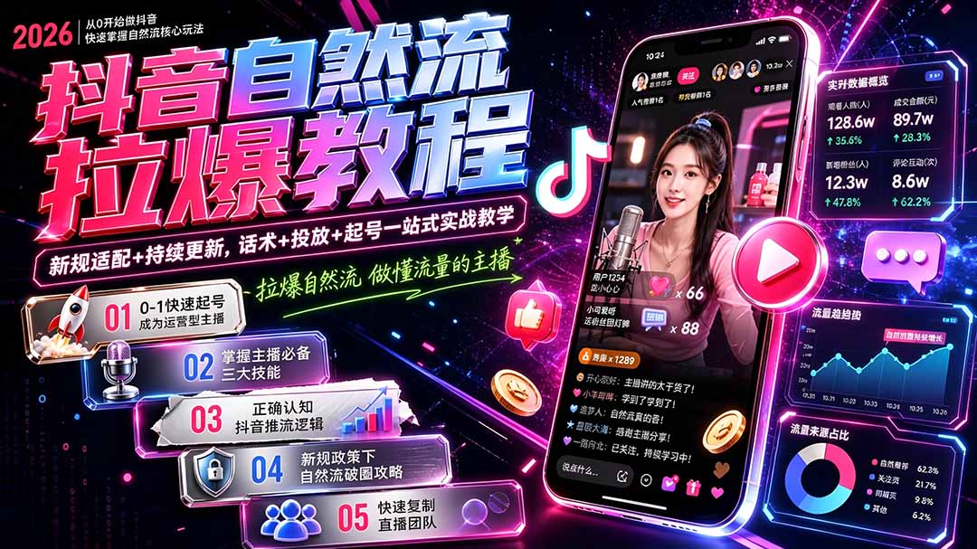 抖音自然流拉爆教程-更新8月：做懂流量的主播，新规适配+持续更新，话术+投放+起号一站式实战教学-橙心云网创