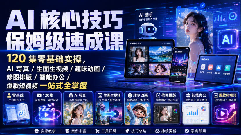 AI核心技巧保姆级速成课|120集零基础实操,AI写真/生图生视频/趣味动画/修图排版/智能办公/爆款短视频一站式全掌握(更新)-橙心云网创