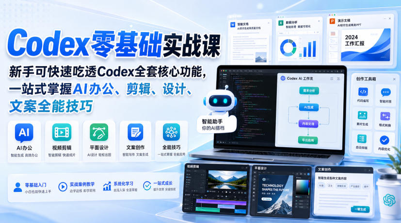 Codex零基础实战课,新手可快速吃透Codex全套核心功能,一站式掌握AI办公、剪辑、设计、文案全能技巧-橙心云网创