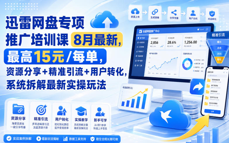 迅雷网盘专项推广培训课8月最新,最高15米/每单,资源分享+精准引流+用户转化,系统拆解最新实操玩法(更新0824)-橙心云网创