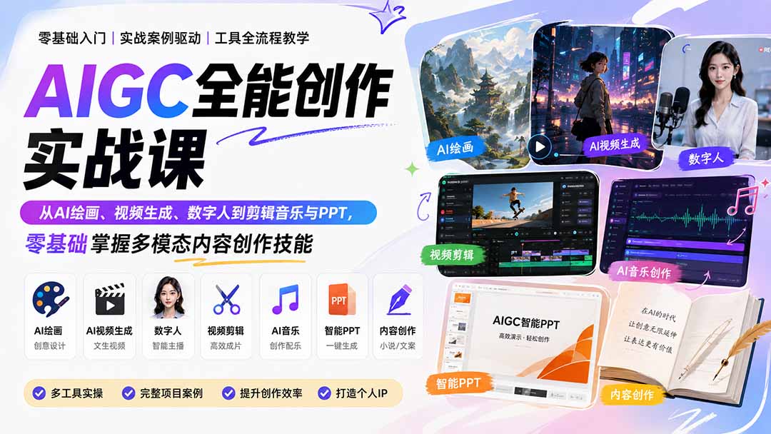 AIGC全能创作实战课：从AI绘画、视频生成、数字人到剪辑音乐与PPT，零基础掌握多模态内容创作技能-橙心云网创