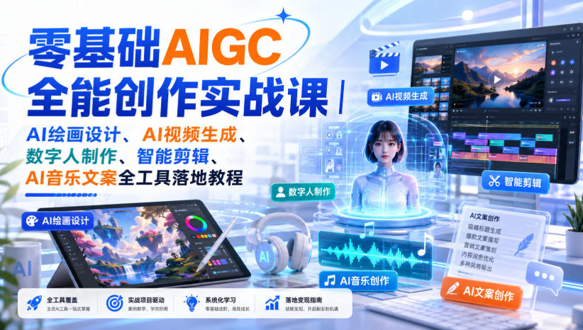 零基础AIGC全能创作实战课|AI绘画设计、AI视频生成、数字人制作、智能剪辑、AI音乐文案全工具落地教程-橙心云网创