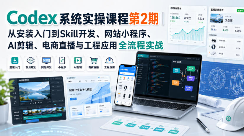 Codex系统实操课程第2期|从安装入门到Skill开发、网站小程序、AI剪辑、电商直播与工程应用全流程实战-橙心云网创