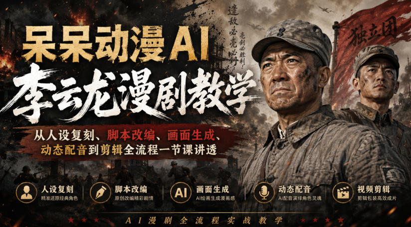 呆呆动漫AI李云龙漫剧教学,从人设复刻、脚本改编、画面生成、动态配音到剪辑全流程一节课讲透-橙心云网创