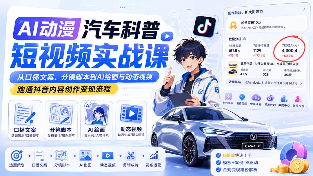AI动漫汽车科普短视频实战课:从口播文案、分镜脚本到AI绘画与动态视频,跑通抖音内容创作变现流程-橙心云网创