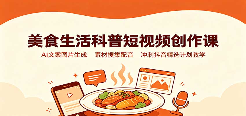 美食生活科普短视频创作课:AI文案图片生成,素材搜集配音,冲刺抖音精选计划教学-橙心云网创