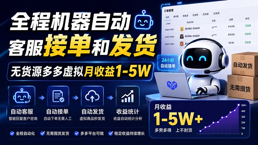 全程机器自动客服接单和发货,无货源多多虚拟月收益1-5W-橙心云网创