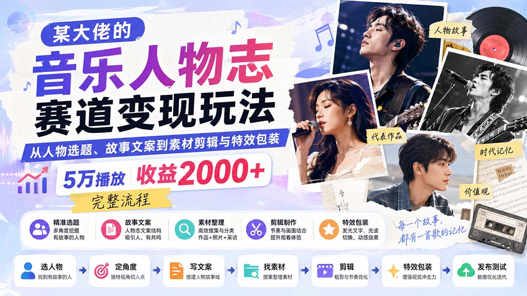 某大佬的音乐人物志赛道变现玩法:从人物选题、故事文案到素材剪辑与特效包装,5万播放收益2000+完整流程-橙心云网创