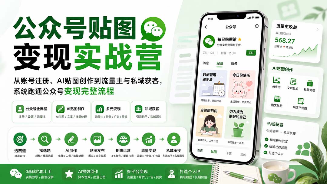 公众号贴图变现实战营:从账号注册、AI贴图创作到流量主与私域获客,系统跑通公众号变现完整流程-橙心云网创