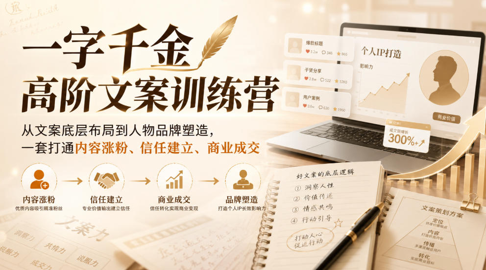 一字千金高阶文案训练营,从文案底层布局到人物品牌塑造,一套打通内容涨粉、信任建立、商业成交-橙心云网创