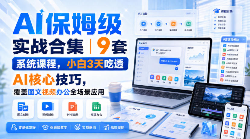 AI保姆级实战合集|9套系统课程,小白3天吃透AI核心技巧,覆盖图文视频办公全场景应用-橙心云网创