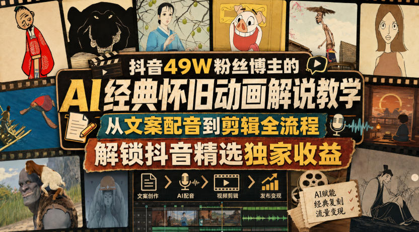 抖音49W粉丝博主的AI经典怀旧动画解说教学，从文案配音到剪辑全流程，解锁抖音精选独家收益-橙心云网创