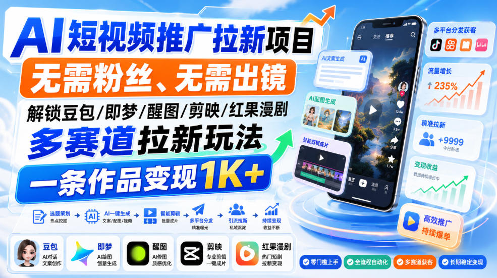AI短视频推广拉新项目，无需粉丝、无需出镜，解锁豆包/即梦/醒图/剪映/红果漫剧多赛道拉新玩法，一条作品变现1K+-橙心云网创