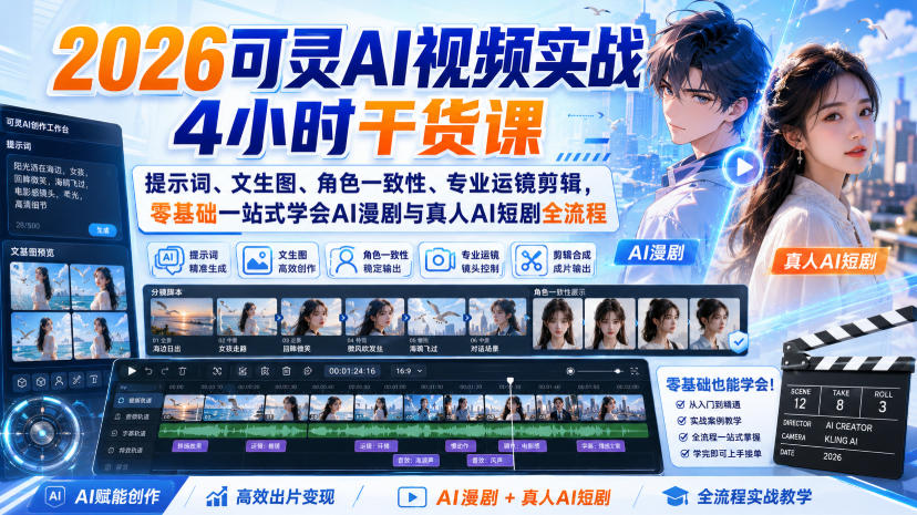 2026可灵AI视频实战4小时干货课|提示词、文生图、角色一致性、专业运镜剪辑,零基础一站式学会AI漫剧与真人AI短剧全流程-橙心云网创