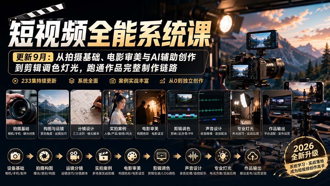 短视频全能系统课-更新8月233集:从拍摄基础、电影审美与AI辅助创作到剪辑调色灯光,跑通作品完整制作链路-橙心云网创