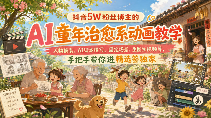 抖音5W粉丝博主的AI童年治愈系动画教学,人物换装、AI脚本撰写、固定场景、生图生视频等,手把手带你进精选签独家-橙心云网创