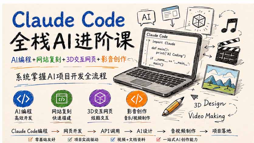 Claude Code全栈AI进阶课-更新；AI编程+网站复刻+3D交互网页+影音创作，系统掌握AI项目开发全流程-橙心云网创