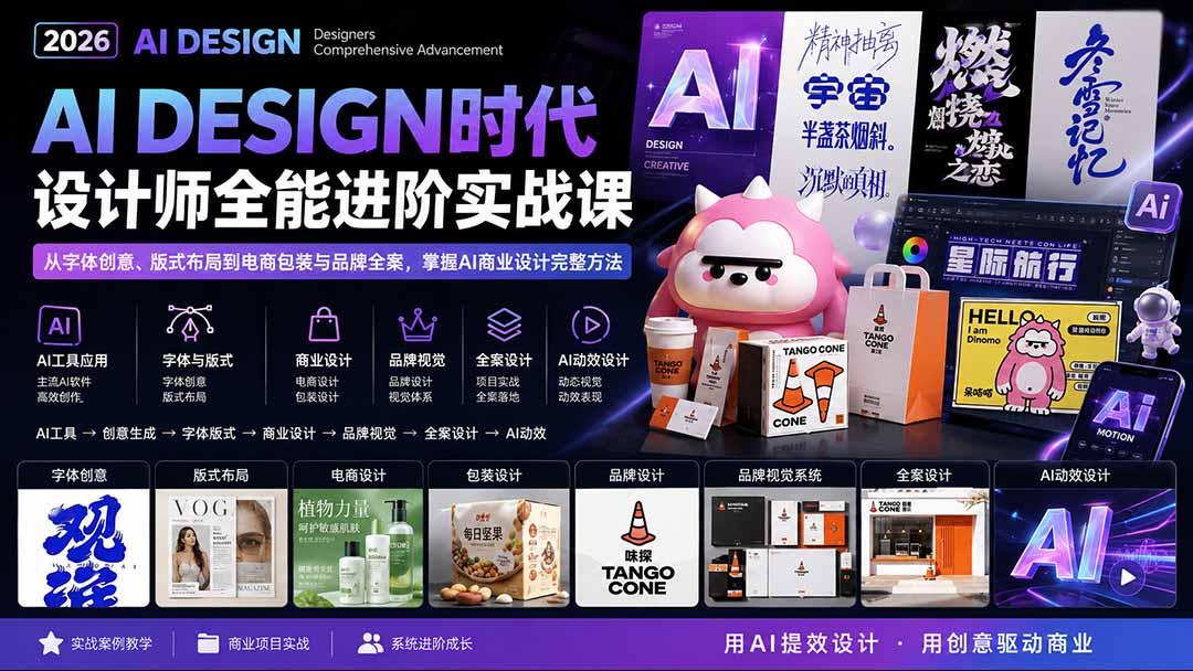 2026AI DESIGN时代设计师全能进阶实战课:从字体创意、版式布局到电商包装与品牌全案,掌握AI商业设计完整方法-橙心云网创