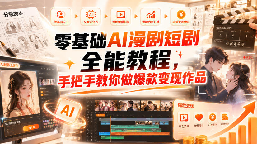 零基础AI漫剧短剧全能教程,从AI智能体搭建、文案脚本分镜、多平台AI生视频、剪映精修,覆盖全题材创作,手把手教你做爆款变现作品-橙心云网创