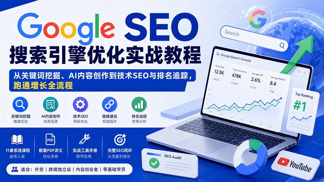 Google SEO搜索引擎优化实战教程：从关键词挖掘、AI内容创作到技术SEO与排名追踪，跑通增长全流程-橙心云网创