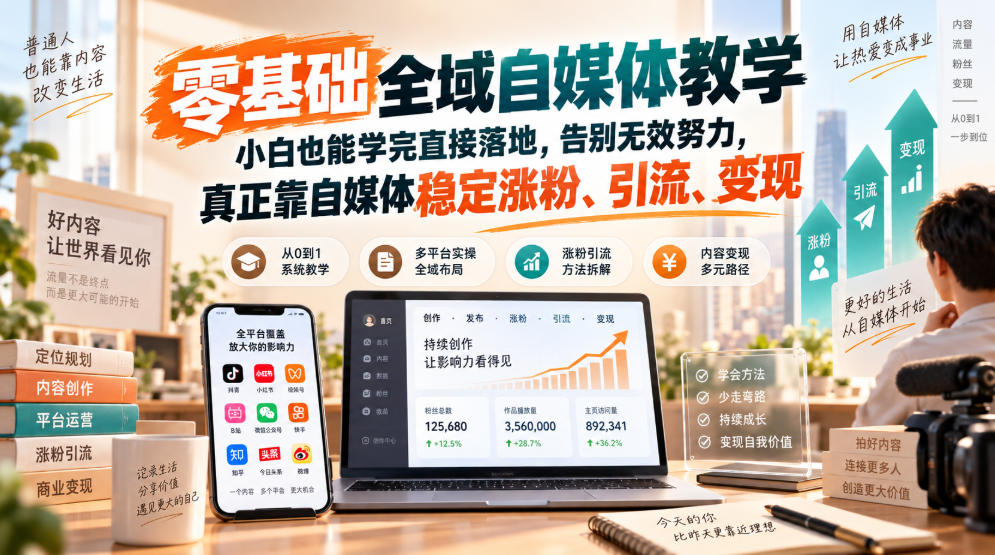 零基础全域自媒体教学，小白也能学完直接落地，告别无效努力，真正靠自媒体稳定涨粉、引流、变现-橙心云网创