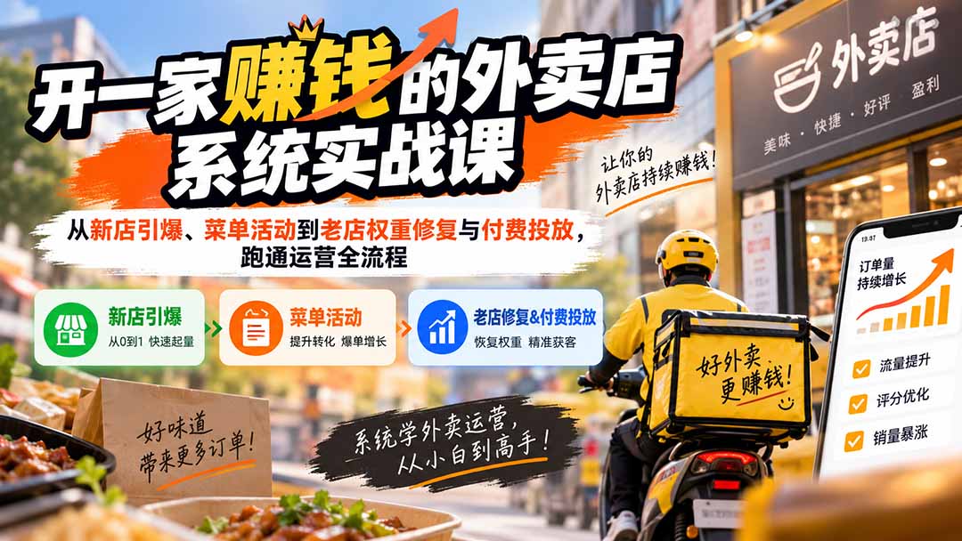 开一家赚钱的外卖店系统实战课:从新店引爆、菜单活动到老店权重修复与付费投放,跑通运营全流程-橙心云网创