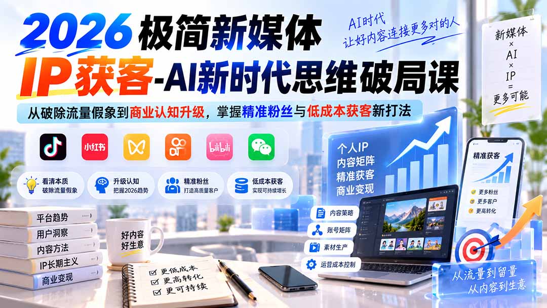 2026极简新媒体IP获客-AI新时代思维破局课:从破除流量假象到商业认知升级,掌握精准粉丝与低成本获客新打法-橙心云网创