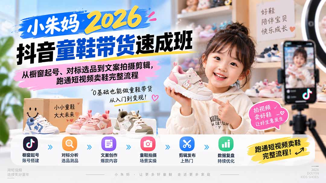 小朱妈2026抖音童鞋带货速成班：从橱窗起号、对标选品到文案拍摄剪辑，跑通短视频卖鞋完整流程-橙心云网创