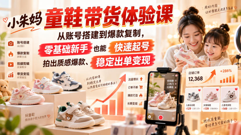 小朱妈童鞋带货体验课,从账号搭建到爆款复制,零基础新手也能快速起号、拍出质感爆款、稳定出单变现-橙心云网创