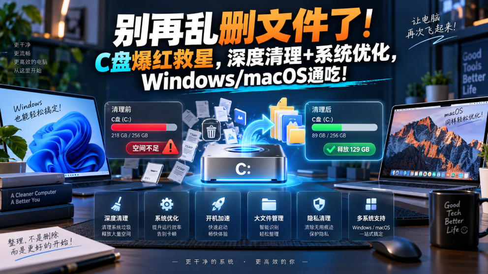 别再乱删文件了!C盘爆红救星,深度清理+系统优化,Windows/macOS通吃!-橙心云网创