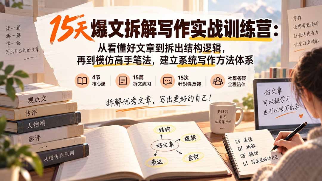 15天爆文拆解写作实战训练营:从看懂好文章到拆出结构逻辑,再到模仿高手笔法,建立系统写作方法体系-橙心云网创