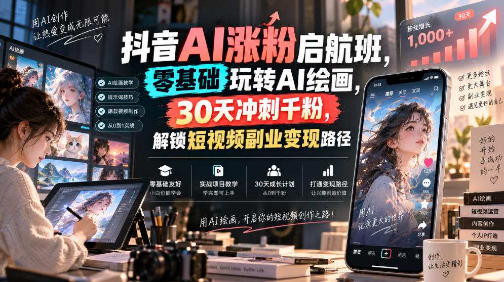 抖音AI涨粉启航班,零基础玩转AI绘画,30天冲刺千粉,解锁短视频副业变现路径-橙心云网创