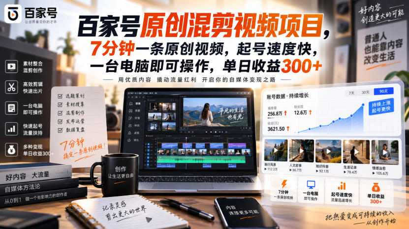 百家号原创混剪视频项目,7分钟一条原创视频,起号速度快,一台电脑即可操作,单日收益300+-橙心云网创