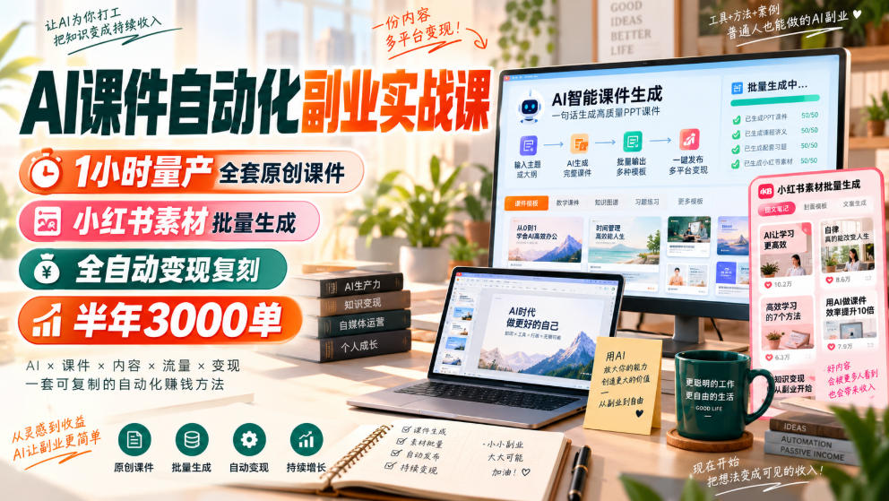 AI课件自动化副业实战课，1小时量产全套原创课件，小红书素材批量生成，全自动变现复刻，半年3000单-橙心云网创