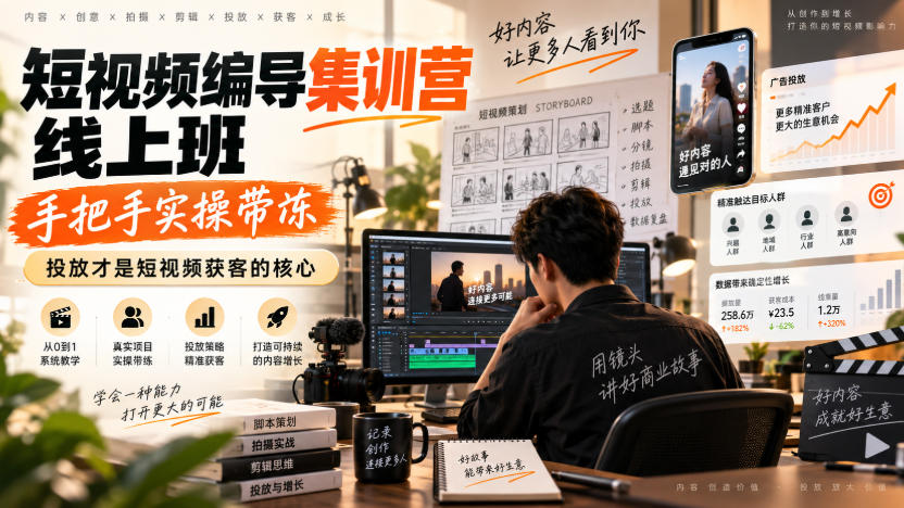 短视频编导集训营线上班,手把手实操带冻,投放才是短视频获客的核心-橙心云网创