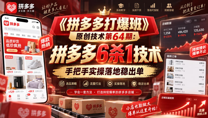 《拼多多打爆班》原创技术第64期:拼多多6杀1技术,手把手实操落地稳出单-橙心云网创