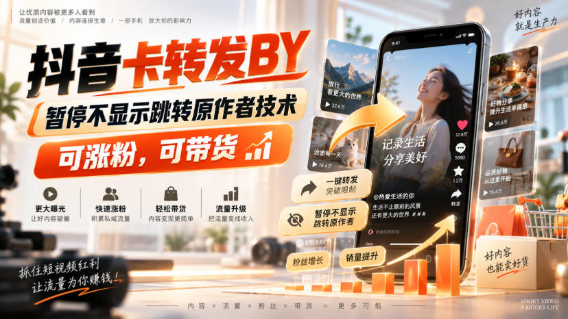 抖音卡转发搬运,暂停不显示跳转原作者技术,可涨粉,可带货-橙心云网创