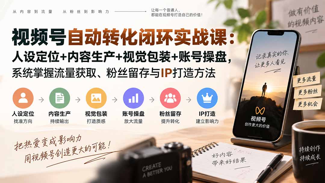 视频号自动转化闭环实战课:人设定位+内容生产+视觉包装+账号操盘,系统掌握流量获取、粉丝留存与IP打造方法-橙心云网创