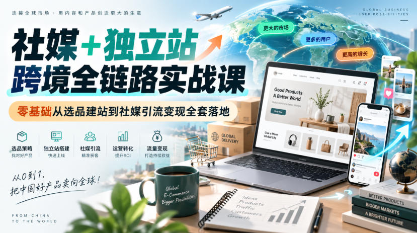 社媒+独立站跨境全链路实战课｜零基础从选品建站到社媒引流变现全套落地-橙心云网创