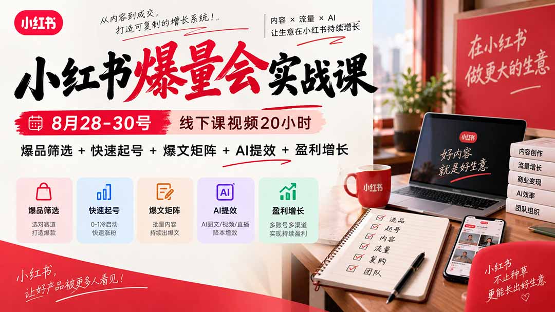 小红书爆量会实战课：8月28-30号线下课视频20小时，爆品筛选+快速起号+爆文矩阵+AI提效+盈利增长-橙心云网创