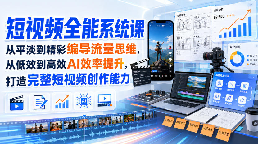短视频全能系统课,从平淡到精彩编导流量思维,从低效到高效AI效率提升,打造完整短视频创作能力(完整版)-橙心云网创