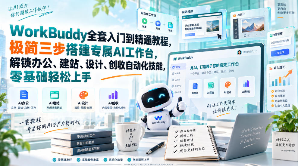 WorkBuddy全套入门到精通教程,极简三步搭建专属AI工作台,解锁办公、建站、设计、创收自动化技能,零基础轻松上手-橙心云网创