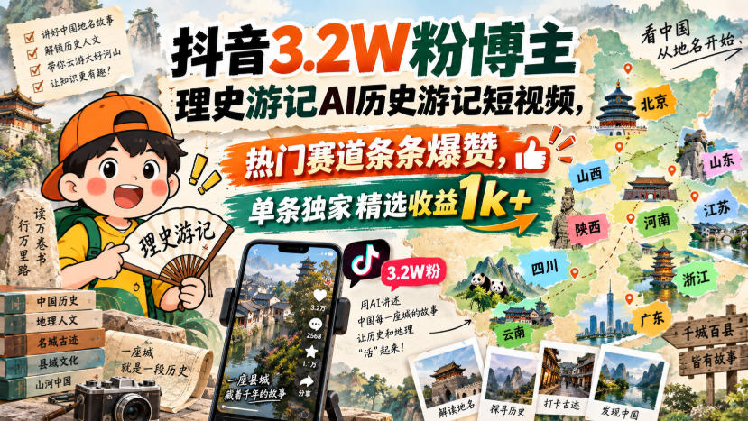 抖音3.2W粉博主理史游记AI历史游记短视频教学,热门赛道条条爆赞,单条独家精选收益1k+-橙心云网创