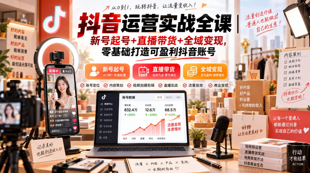 抖音运营实战全课|新号起号+直播带货+全域变现,零基础打造可盈利抖音账号-橙心云网创