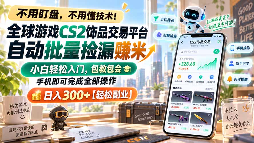 全球游戏CS2饰品交易平台自动批量捡漏赚米,小白轻松入门,包教包会,手机即可完成全部操作,日入300+【轻松副业】-橙心云网创