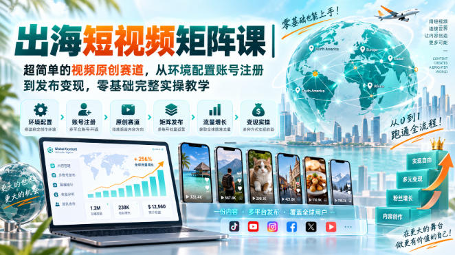 出海短视频矩阵课｜超简单的视频原创赛道，从环境配置账号注册到发布变现，零基础完整实操教学-橙心云网创