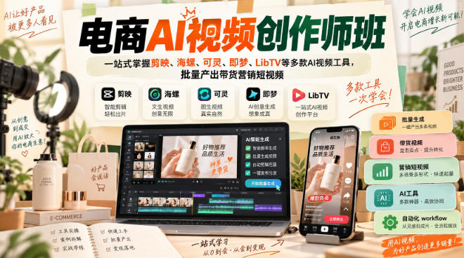 电商AI视频创作师班，一站式掌握剪映、海螺、可灵、即梦、LibTV等多款AI视频工具，批量产出带货营销短视频-橙心云网创